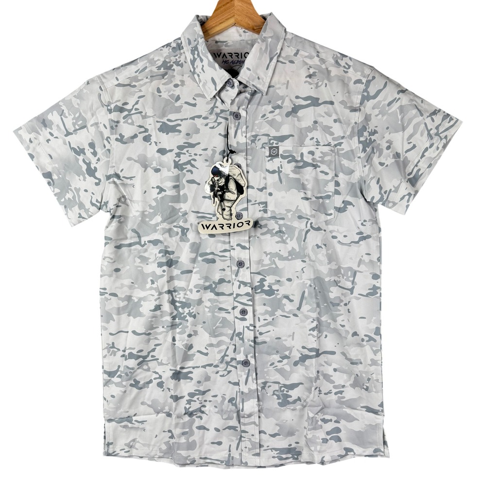 Warrior MC Alpine Camo Short Sleeve Button Up Shirt Mens Small White Grey Camo
